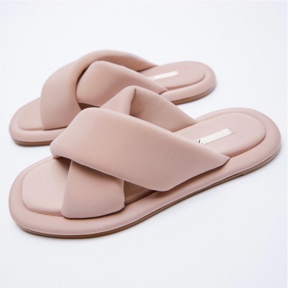 Zara | Women's Mauve Puffer Quilted Crossover Strap Slide On Flats, size 8.5 - Picture 9 of 16